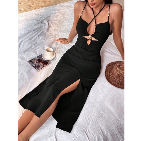 Rouge! Dresses & Skirts - Black Dress Strappy Bead Detail Criss Cross Cut Out Detail Cami Tassel Ties
